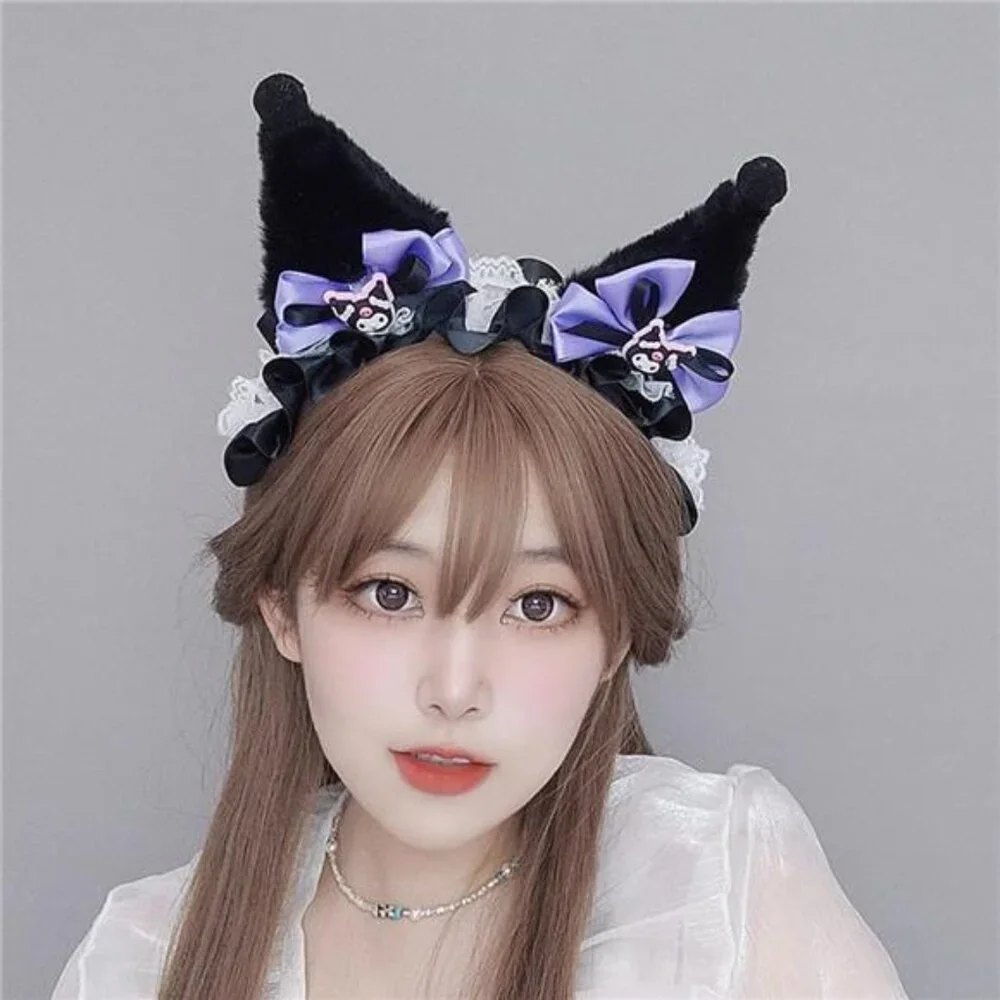 Halloween Soft Faux Fur Plush Fox Ears & Ribbon Bows Headband for Cartoon Kuromi